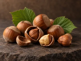 Nocciole intere e aperte con foglie verdi su una superficie di pietra scura