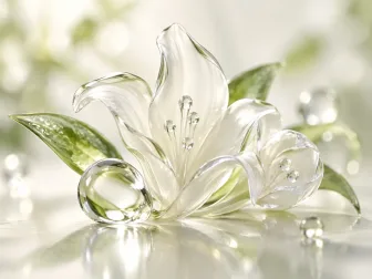 Forme floreali di vetro bianco con foglie verdi, interpretazione evocativa di Mahonial