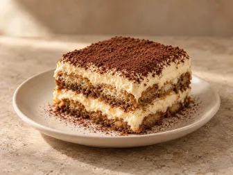 Porzione di tiramisù con crema chiara, strati al caffè e cacao su pietra beige