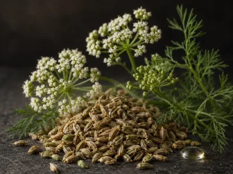 Semi e ombrelle fiorite di anice comune su una superficie di pietra scura