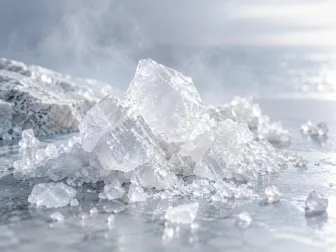 Cristalli di sale traslucidi illuminati da una luce fredda su pietra chiara