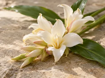 Fiori chiari e foglie verdi nella luce morbida, evocazione del fiore di zenzero