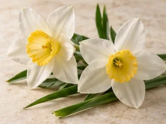 Due narcisi bianchi con corolle gialle e foglie verdi su pietra chiara