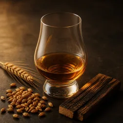 Whisky ambrato in un bicchiere con cereali e legno tostato