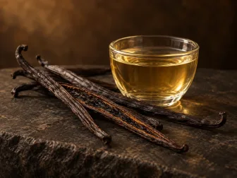Baccelli di vaniglia del Madagascar, uno aperto, accanto a una coppa di infusione ambrata su pietra scura