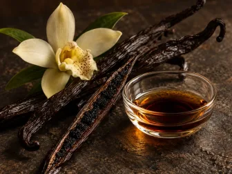 Baccelli di vaniglia Bourbon, orchidea chiara e una piccola coppa di estratto ambrato, rappresentazione evocativa della materia olfattiva