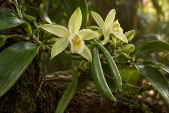 Fiori e baccelli verdi dell’orchidea della vaniglia
