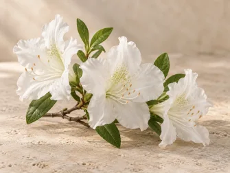Fiori bianchi di azalea con petali delicati e foglie verdi su pietra chiara
