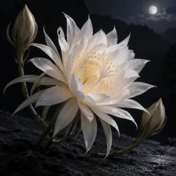 Grande fiore bianco notturno con due boccioli su uno sfondo scuro