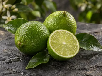 Lime verdi interi e tagliati con foglie lucide