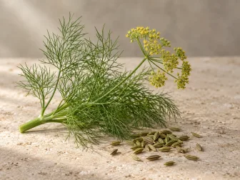 Rametto di finocchio con foglie sottili, fiori gialli e semi striati su pietra beige.