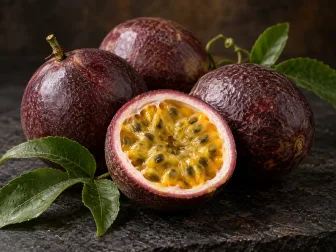 Frutti della passione viola interi e tagliati con polpa dorata su una superficie di pietra scura
