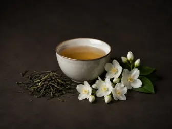 Tazza di tè con foglie e fiori bianchi di gelsomino