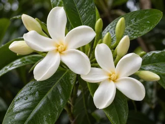 Fiori bianchi di tiaré con boccioli e foglie verde scuro