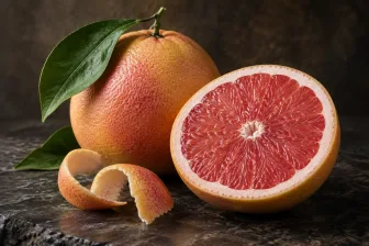 Pompelmo rosa intero e tagliato con scorza e foglia