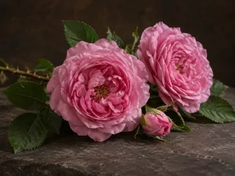 Rose di Isparta rosa con bocciolo, foglie seghettate e stelo spinoso