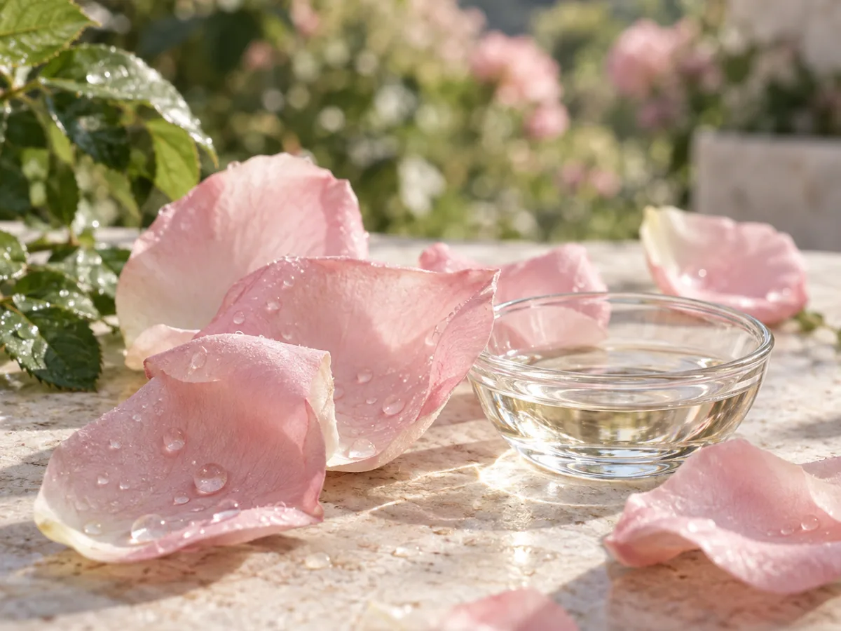 Petali di rosa rosa pallido con gocce trasparenti e una piccola coppa di essenza, rappresentazione evocativa della materia olfattiva