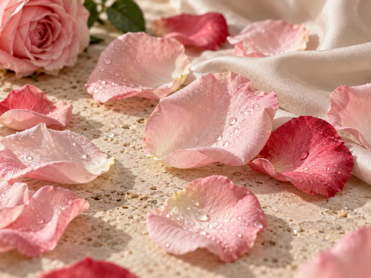 Petali di rosa rosa e cremisi posati su pietra chiara e seta, rappresentazione evocativa della materia olfattiva