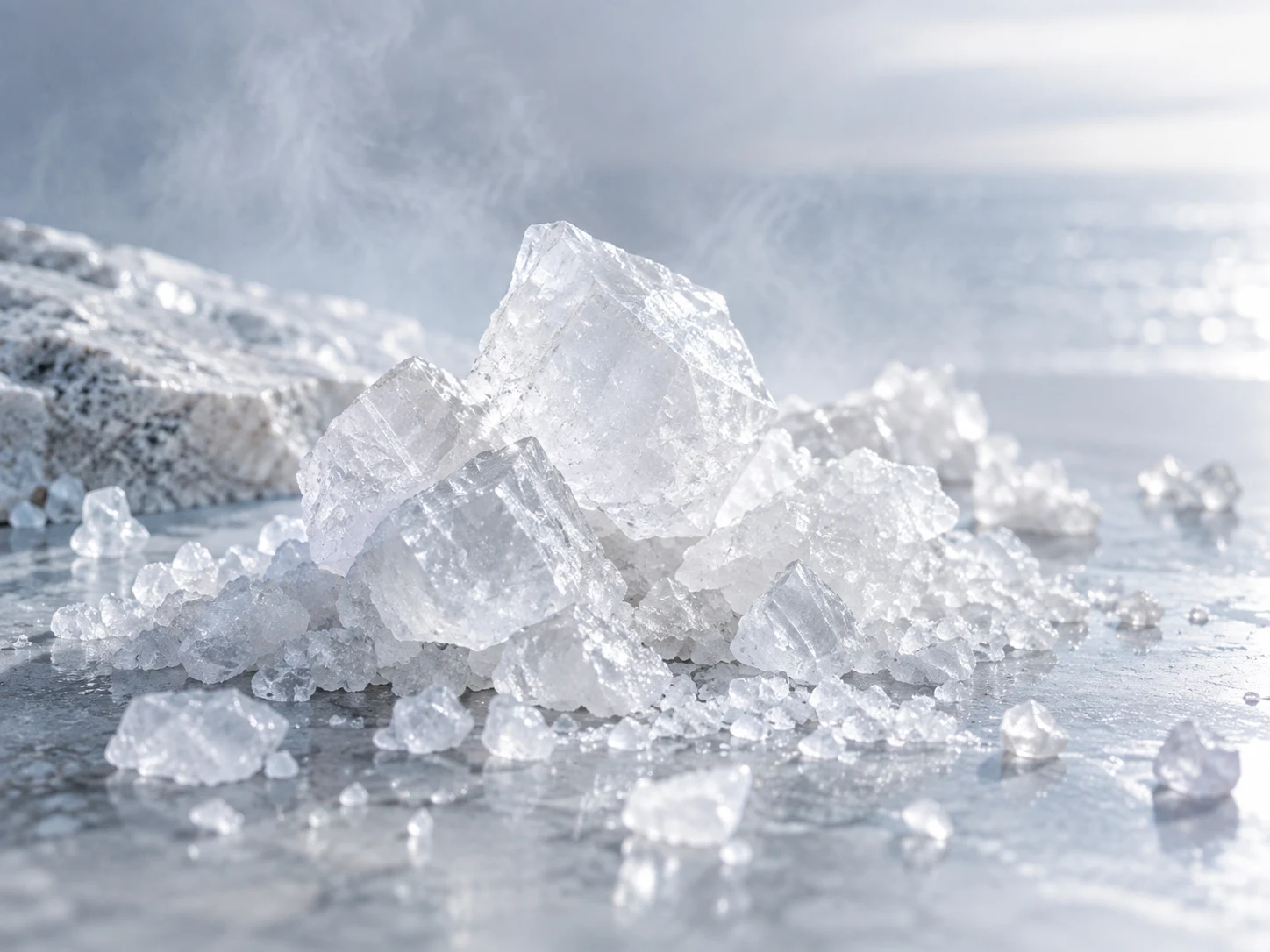 Cristalli di sale traslucidi illuminati da una luce fredda su pietra chiara