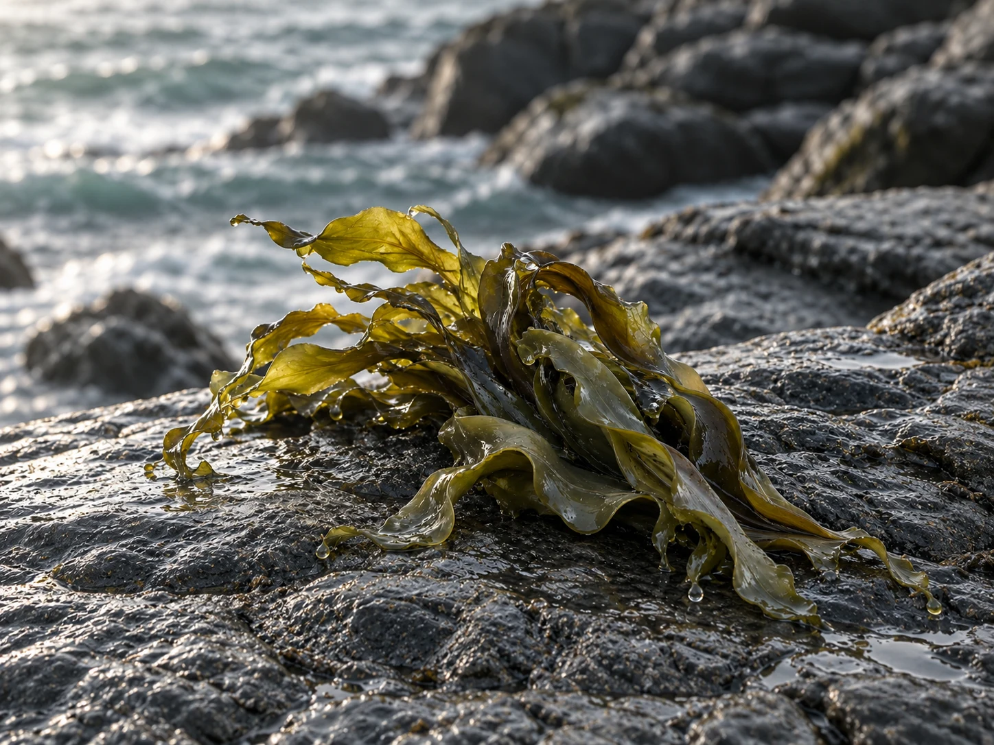 Fronde di alga verde oliva su pietra costiera bagnata, con riflessi e gocce d’acqua.