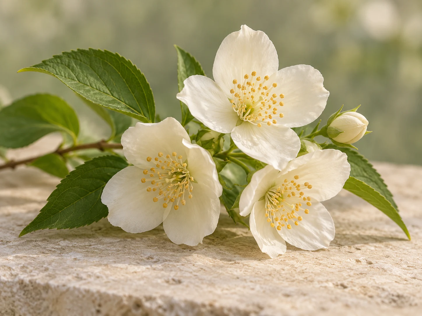 Fiori bianchi a quattro petali di finto arancio con stami dorati e foglie verdi