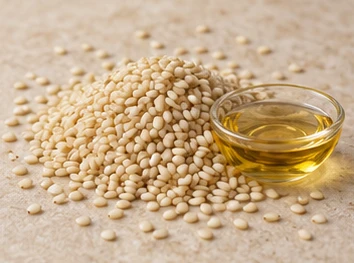 Semi chiari di sesamo accanto a una piccola ciotola di olio dorato