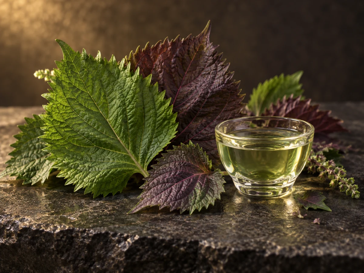 Foglie verdi e porpora di shiso con bordi dentellati e una coppa di essenza chiara su pietra scura