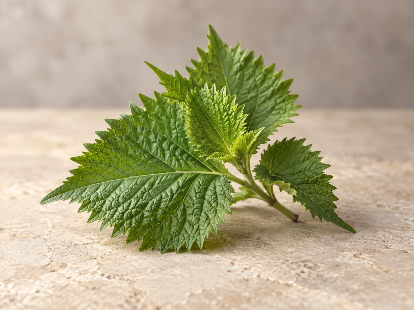 Foglie verdi di shiso, seghettate e venate, su pietra beige.