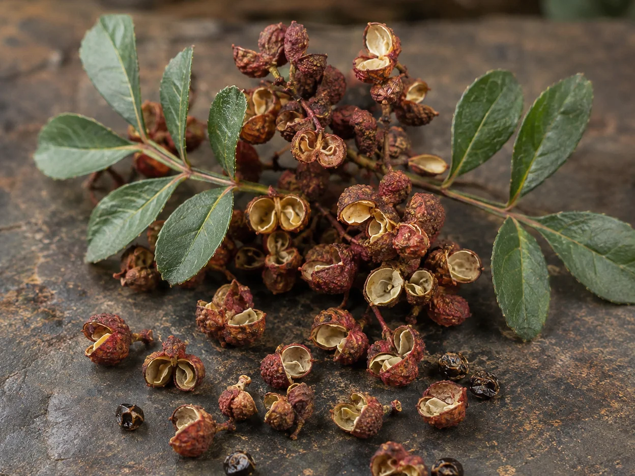 Bacche aperte di pepe del Sichuan con rametto e foglie
