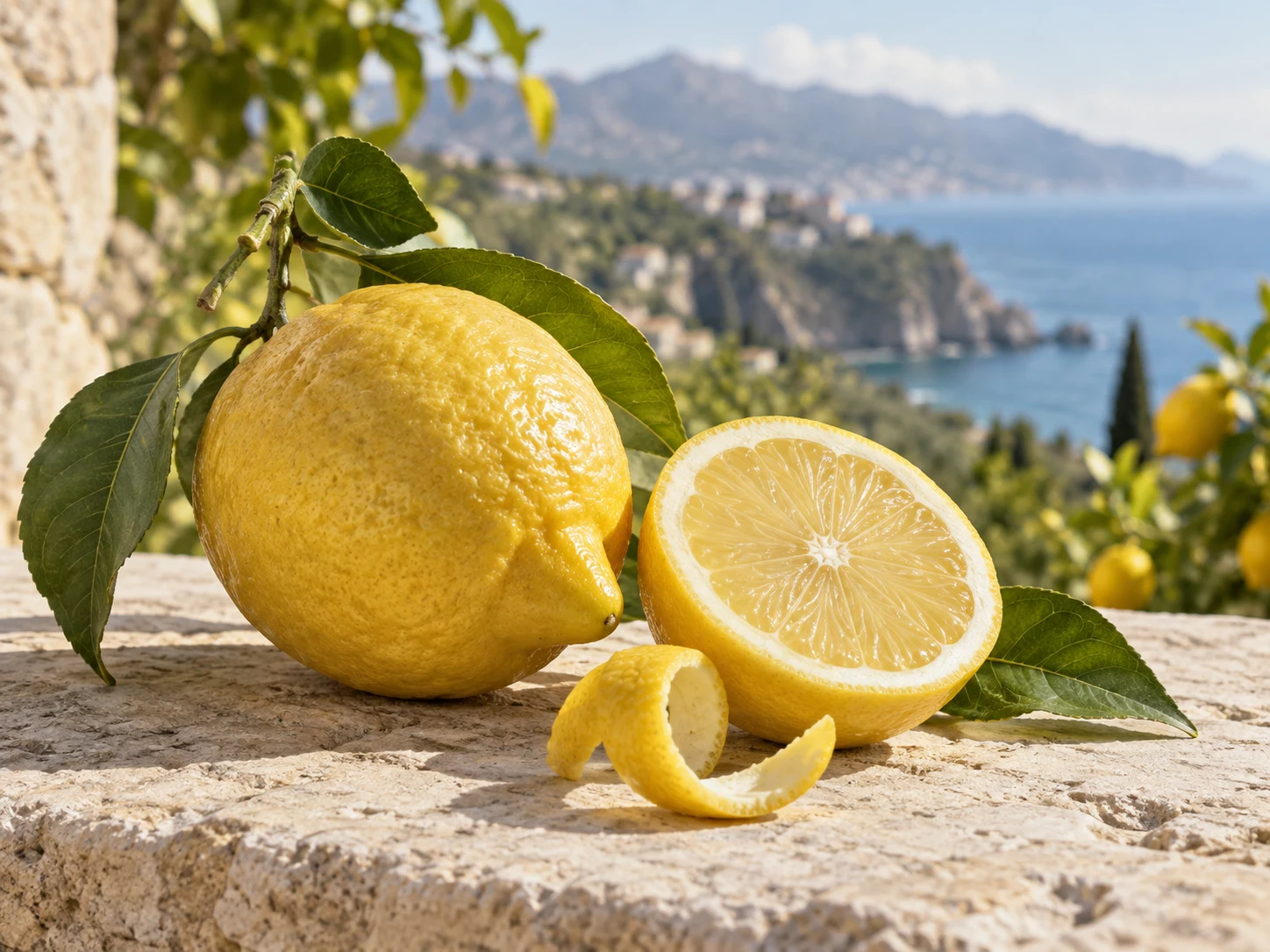 Limone di Sicilia intero e tagliato con scorza fresca davanti a un agrumeto mediterraneo