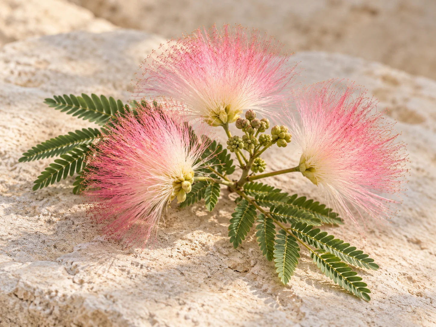 Tre fiori rosa dai sottili filamenti setosi e piccole foglie verdi su pietra chiara, evocazione del fiore dell’albero della seta.