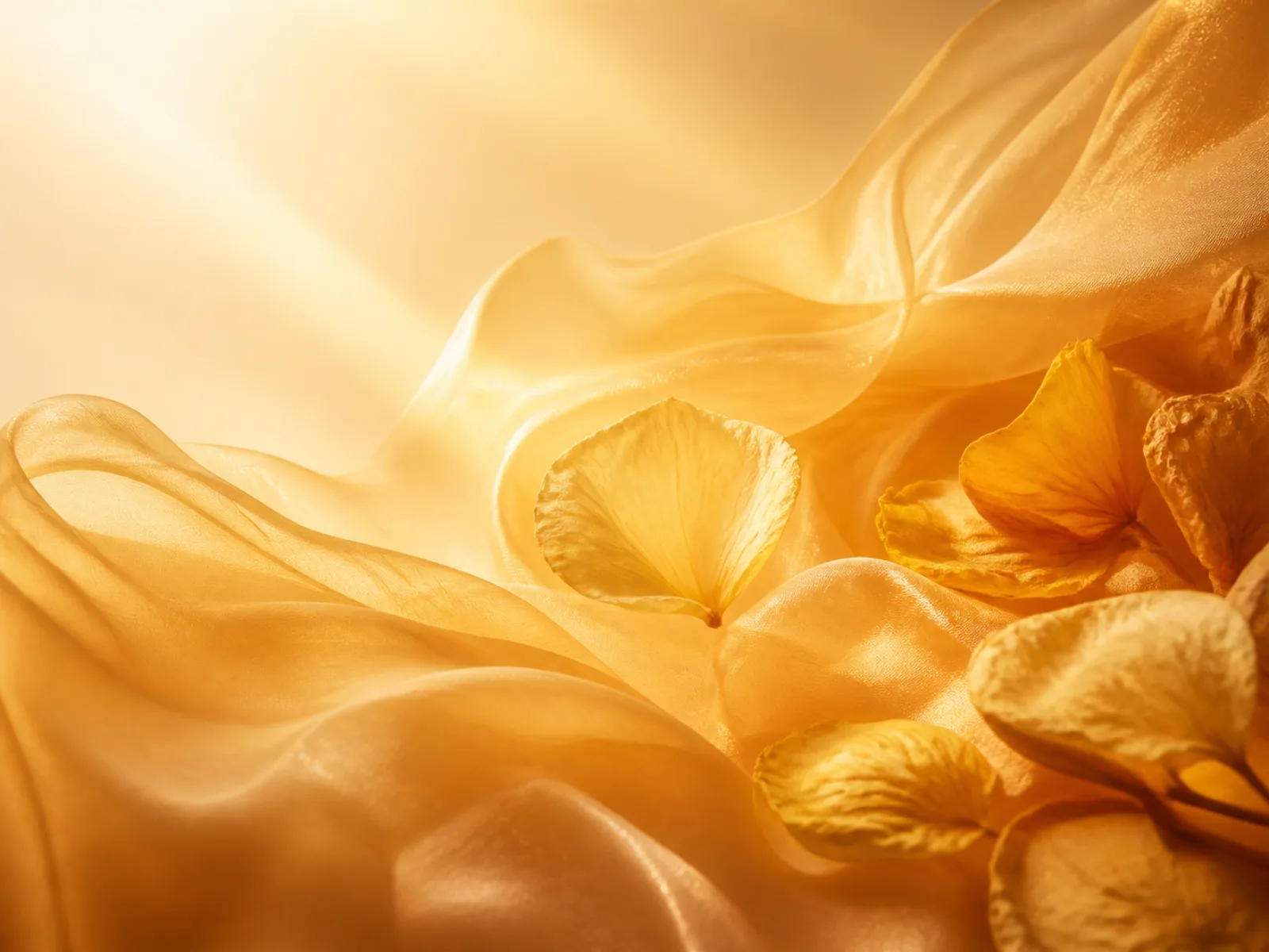 Petali e tessuti dorati attraversati da una luce calda