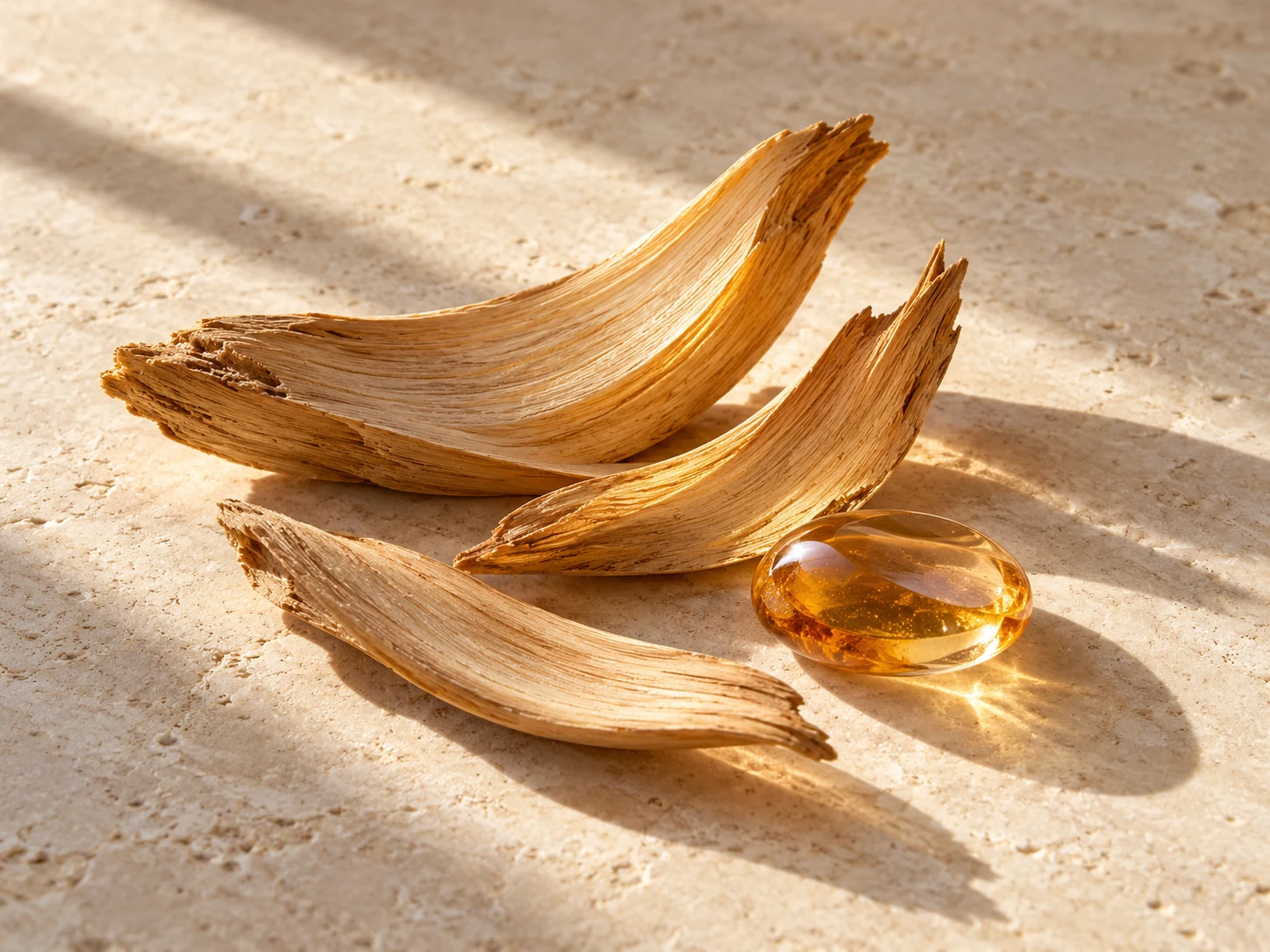 Scaglie di legno dorate e vetro ambrato nella luce del sole su pietra chiara, evocazione di Solarwood