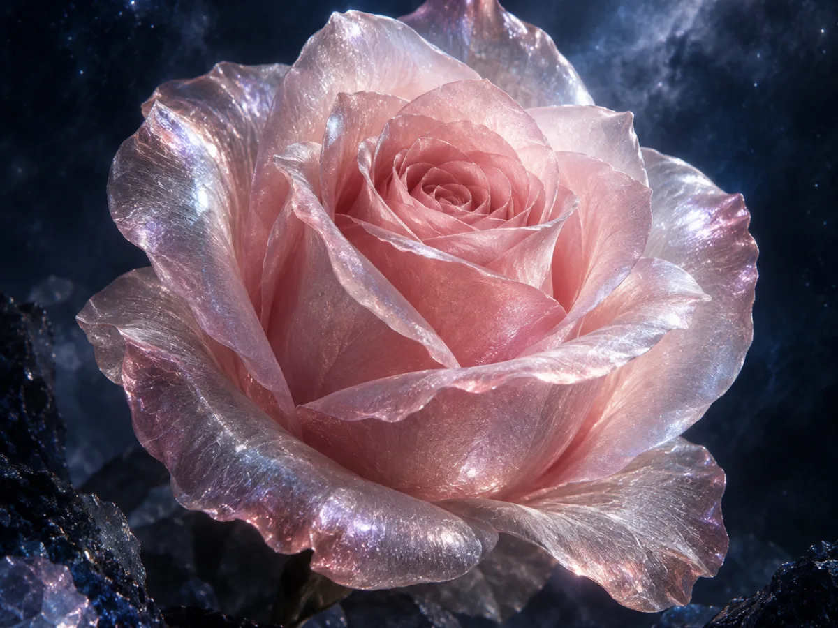 Rosa rosa traslucida e luminosa fra cristalli scuri e riflessi perlacei, rappresentazione evocativa dell’accordo Space Rose