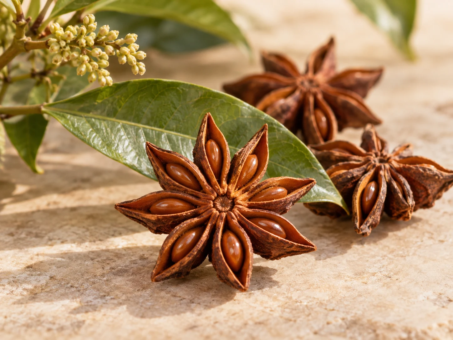Frutti legnosi a stella di anice stellato con semi lucidi e foglia verde