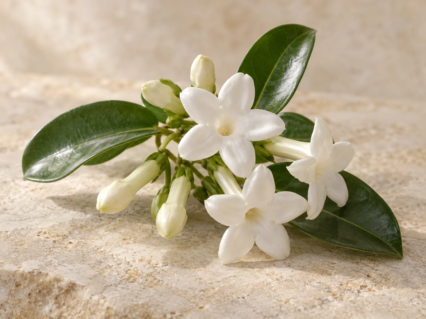 Fiori bianchi cerosi e tubolari di Stephanotis con boccioli e foglie verdi lucide su pietra avorio.