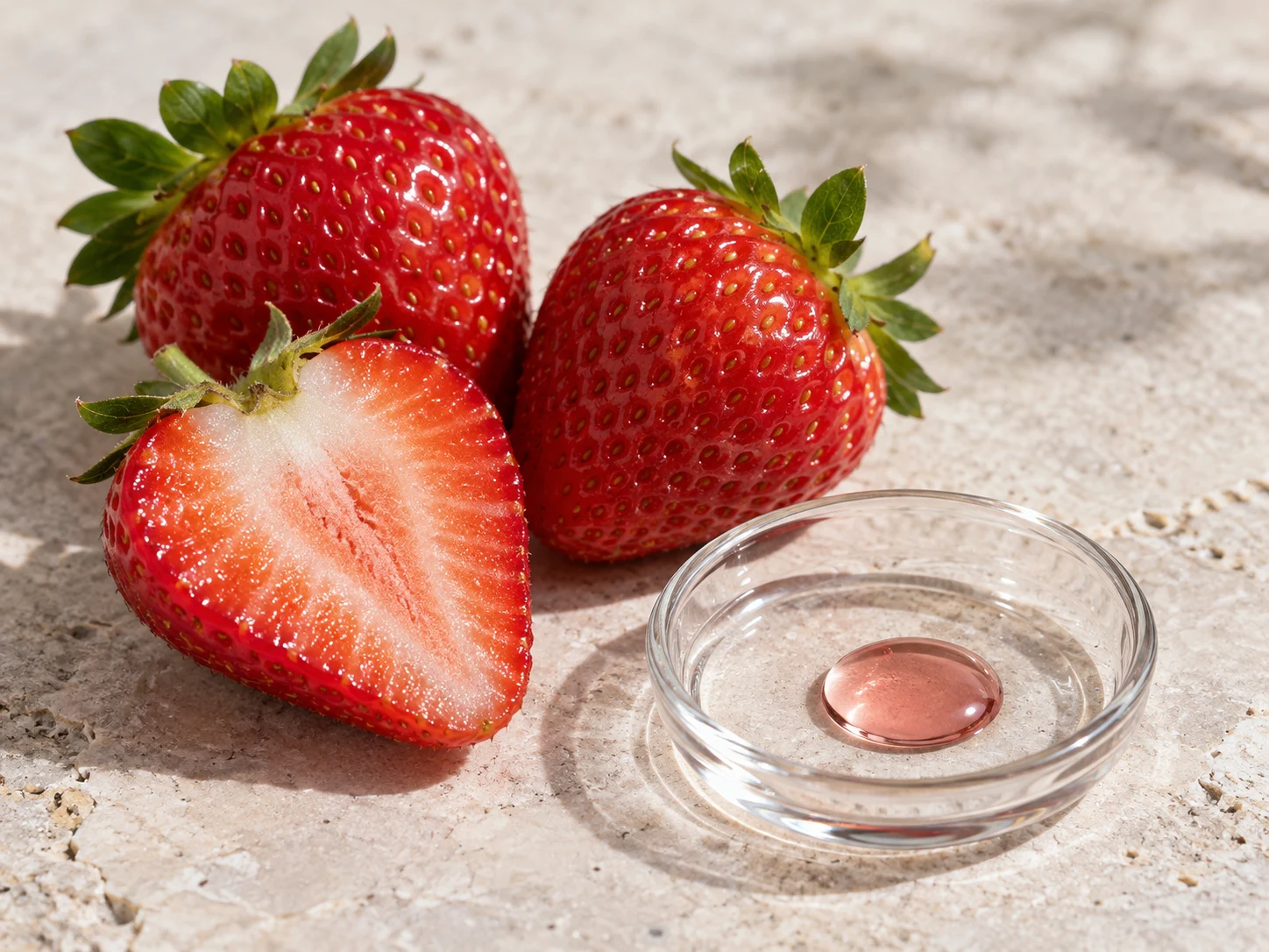 Fragole fresche e una goccia rosata, evocazione di estratto di fragola