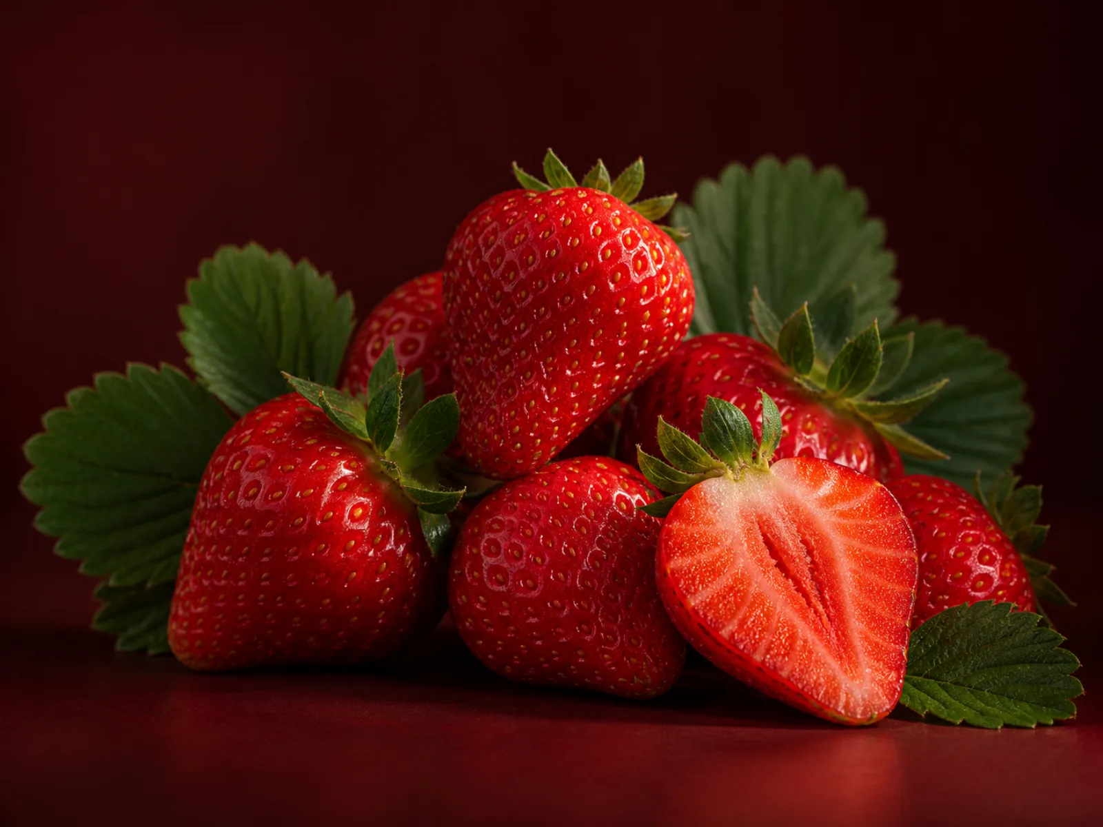 Fragole rosse mature con un frutto tagliato a metà