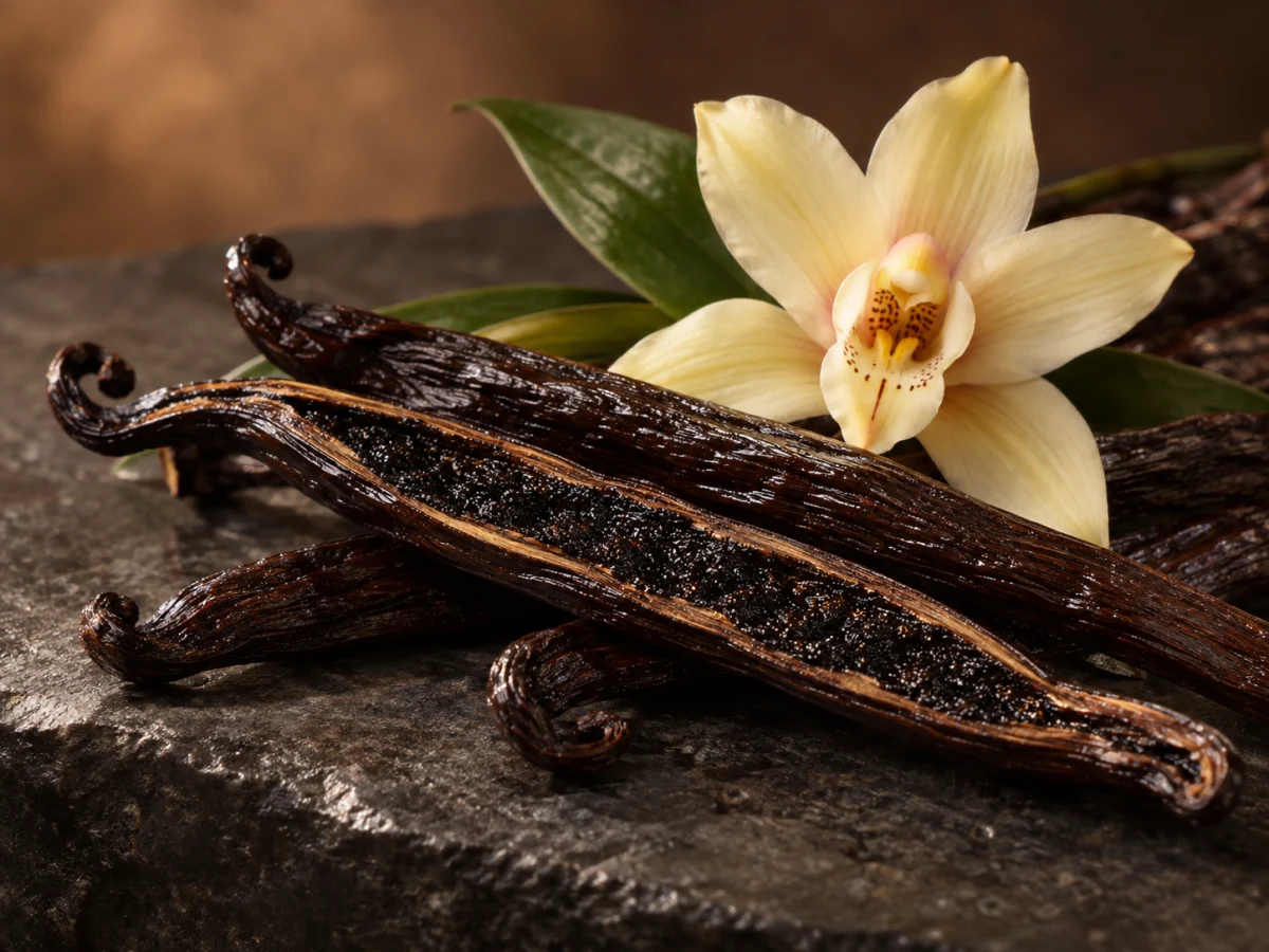 Baccelli lucidi di vaniglia di Tahiti aperti accanto a un fiore chiaro