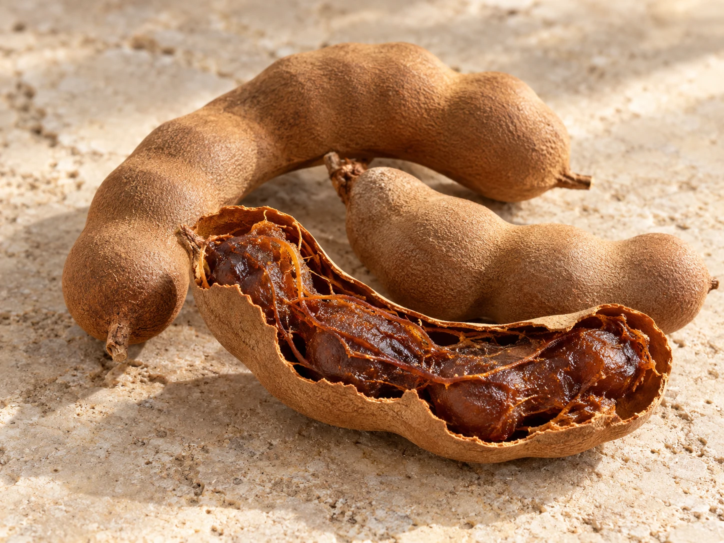 Baccelli di tamarindo bruni, uno aperto sulla polpa ambrata, su pietra chiara