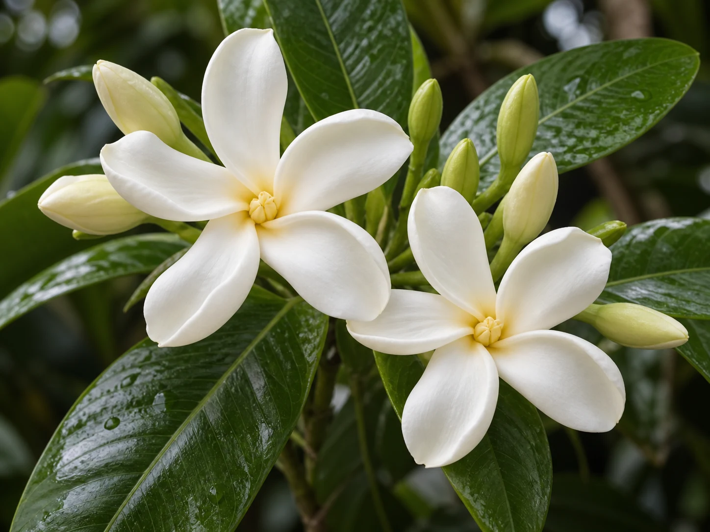 Fiori bianchi di tiaré con boccioli e foglie verde scuro