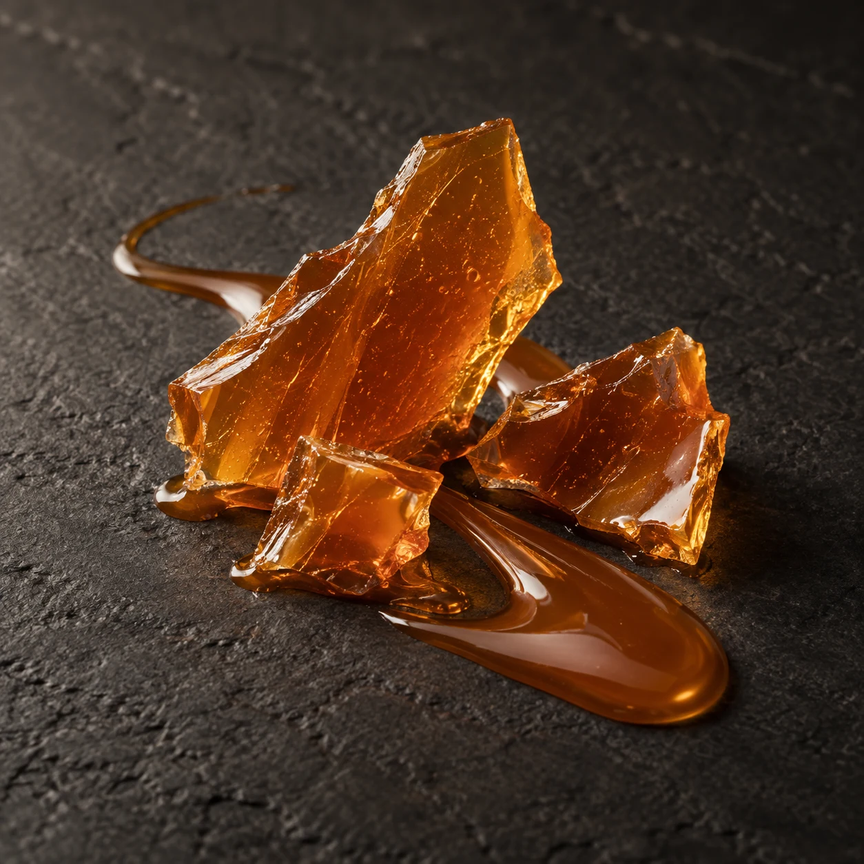 Scaglie ambrate di toffee e una colata lucida su pietra scura