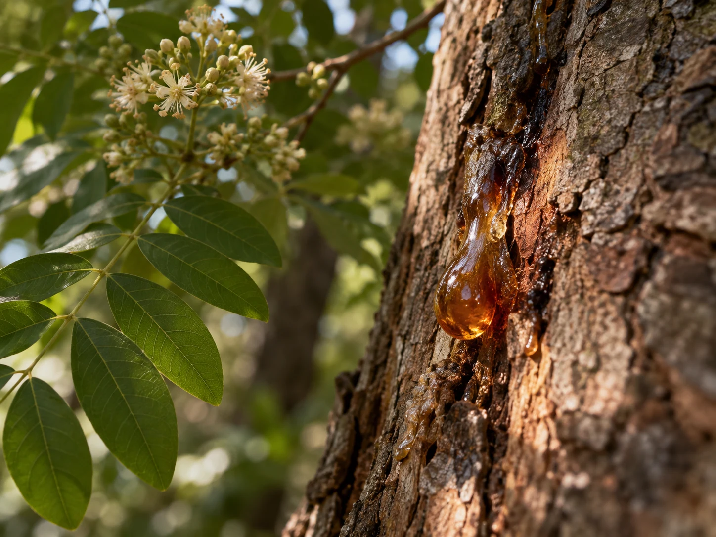 Resina ambrata di balsamo del Tolù sulla corteccia con foglie verdi