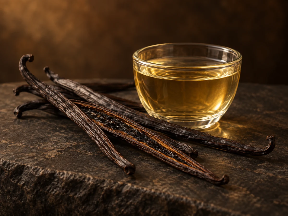 Baccelli di vaniglia del Madagascar, uno aperto, accanto a una coppa di infusione ambrata su pietra scura
