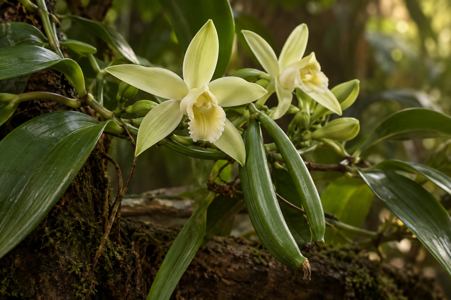 Fiori e baccelli verdi dell’orchidea della vaniglia