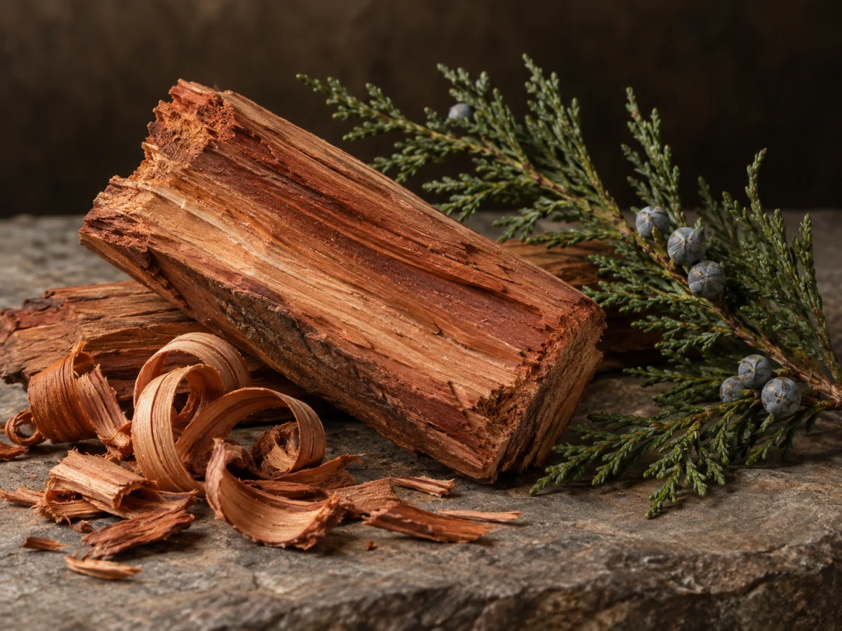Legno rossiccio e fronde di cedro della Virginia con galbuli blu grigi