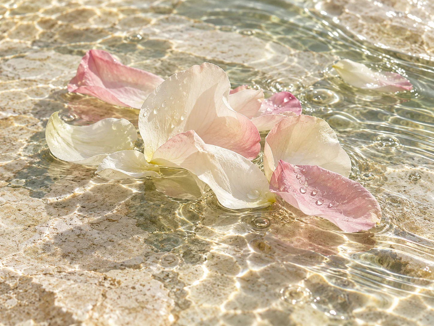 Petali chiari e rosati sull’acqua trasparente sopra pietra chiara
