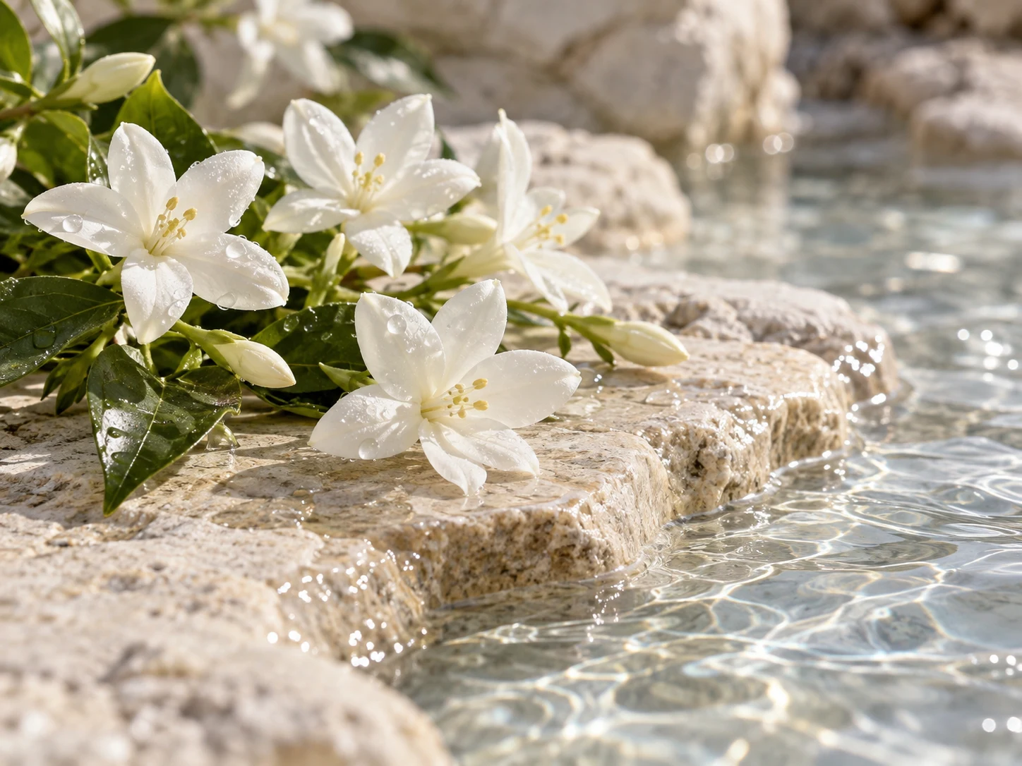 Fiori bianchi accanto ad acqua limpida, evocazione del gelsomino d’acqua
