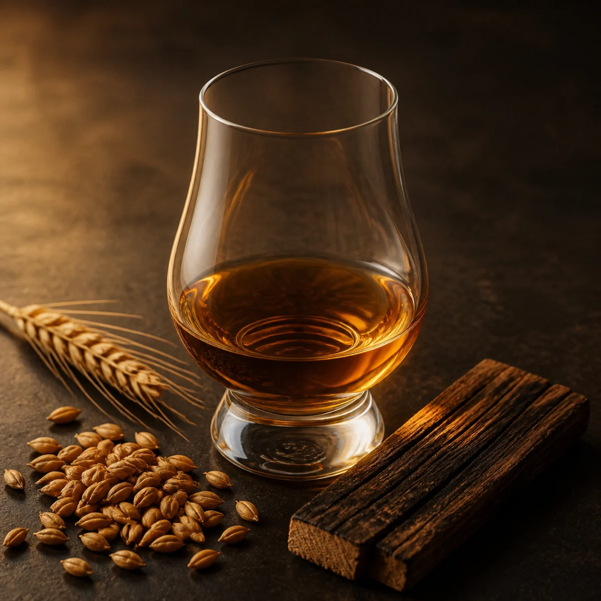 Whisky ambrato in un bicchiere con cereali e legno tostato