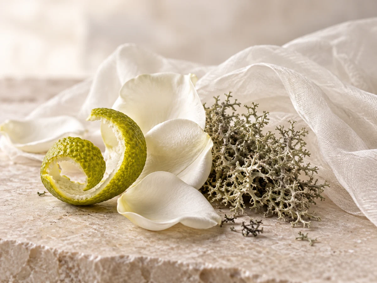 Scorza di bergamotto, petali chiari, muschio e tessuto avorio, rappresentazione evocativa del chypre bianco